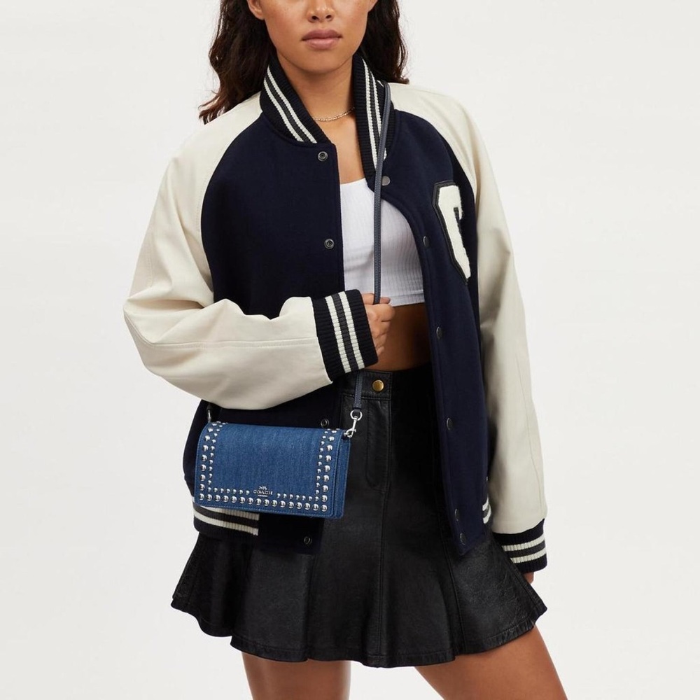 Coach Blue Denim Ana Crossbody Bag/Clutch with Studded Details - Picture 13 of 16